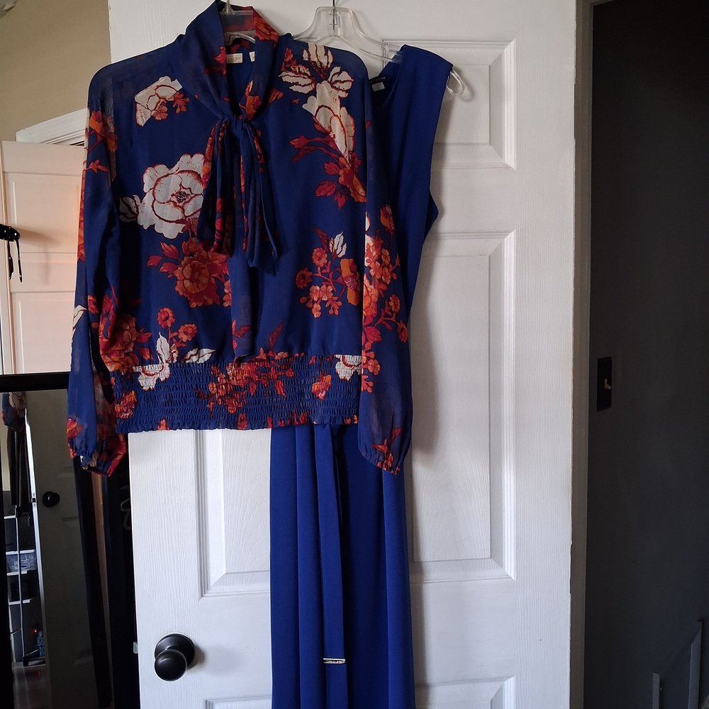 Elegant Blue Wide Leg Sleeveless Jumpsuit With Floral Print Top